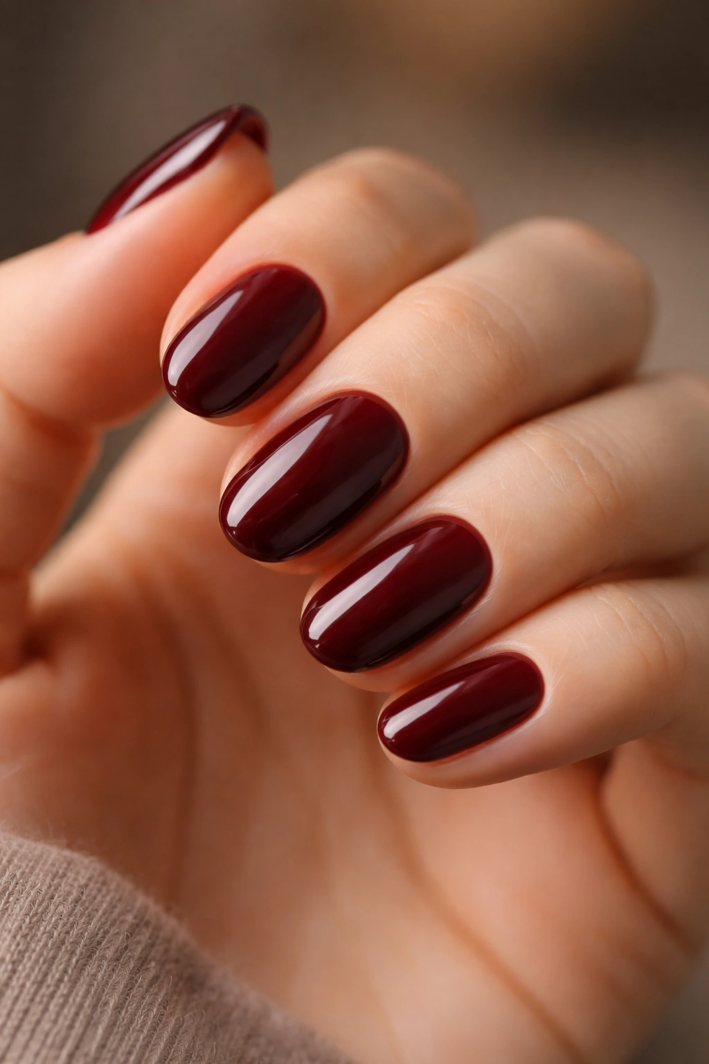 Close-up of short oval nails in dark cherry red with warm glow