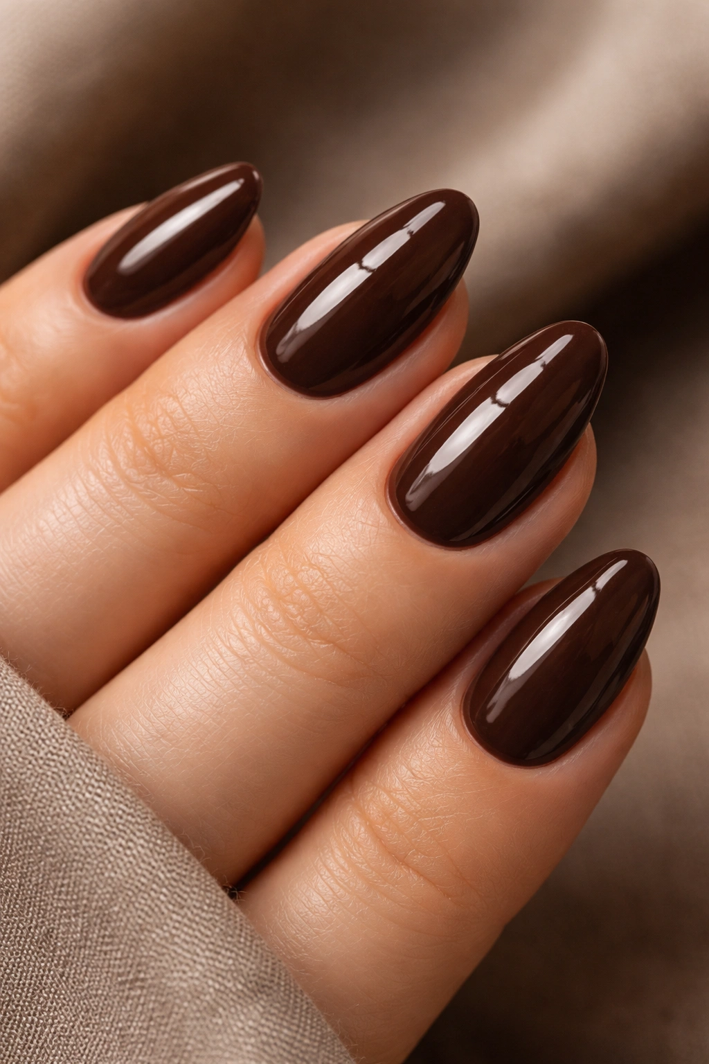 Close-up of short almond nails in dark chocolate brown with glossy finish