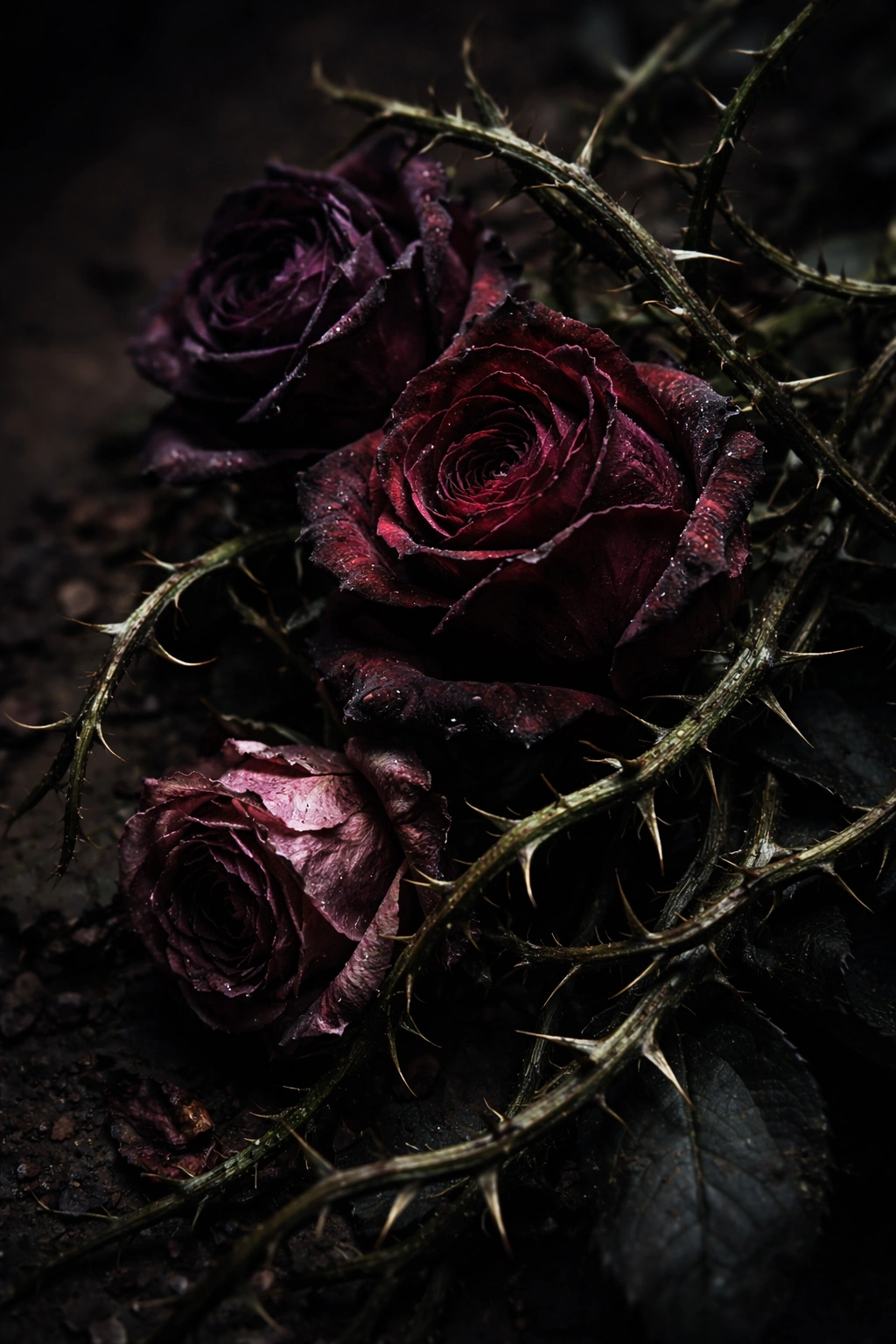 Close-up of nails with dark floral nail art and thorny vines.
