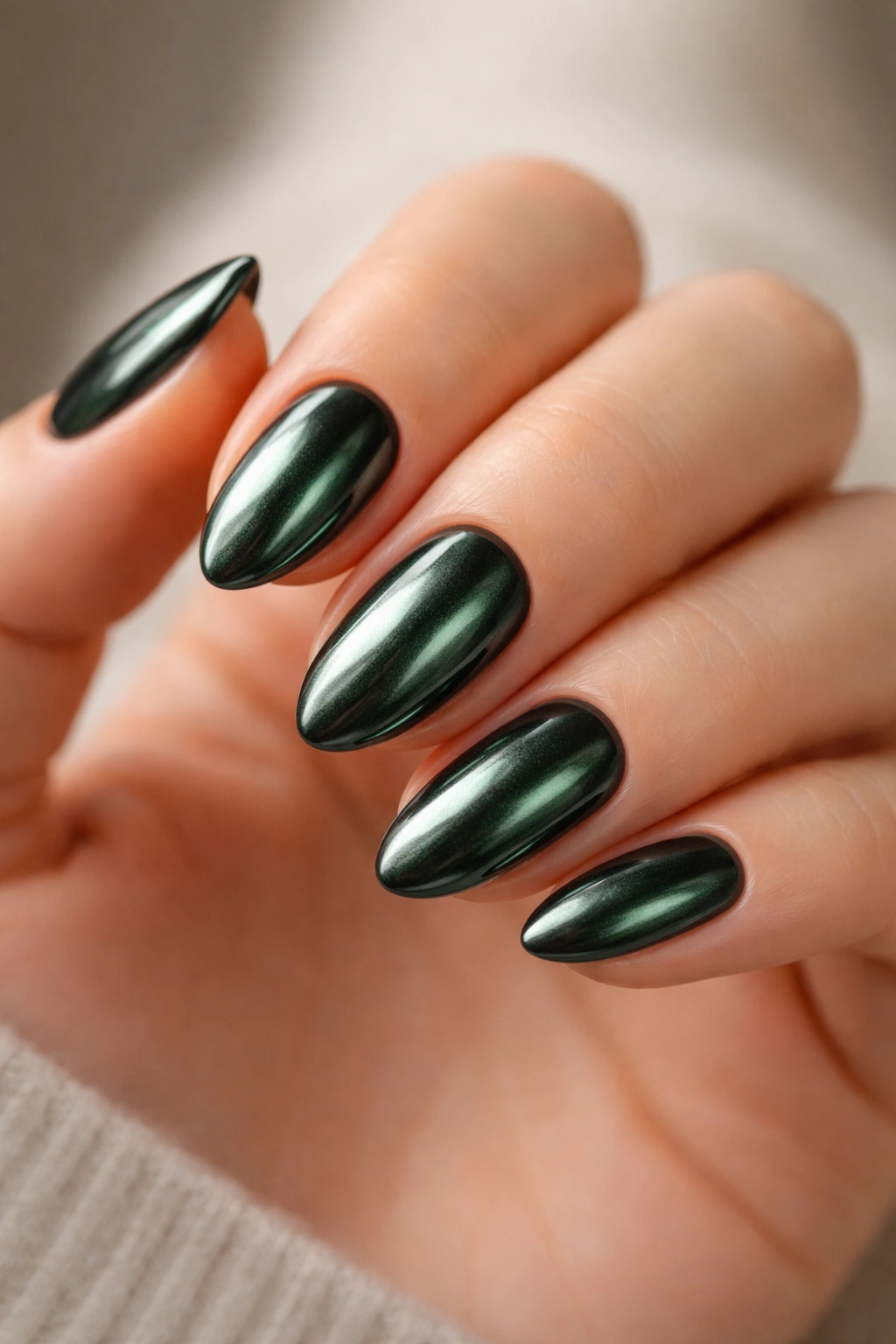 Close-up of dark green chrome almond nails with metallic finish on short nails