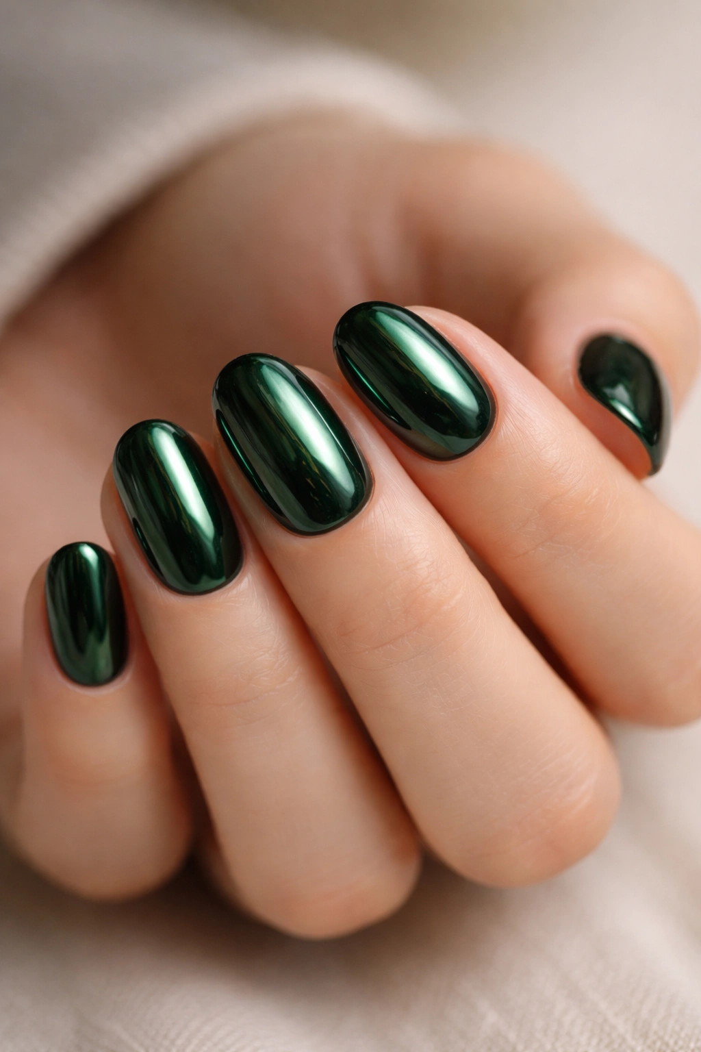 Close-up of dark green chrome nails on short oval nails with metallic finish
