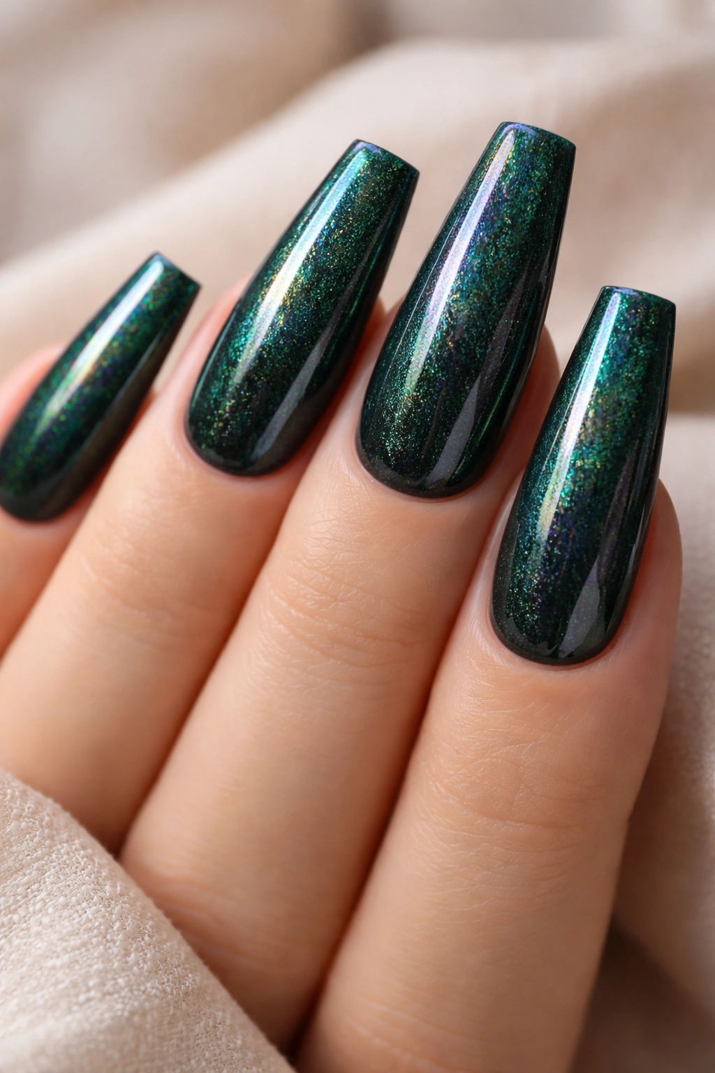 Dark green coffin nails with holographic shimmer