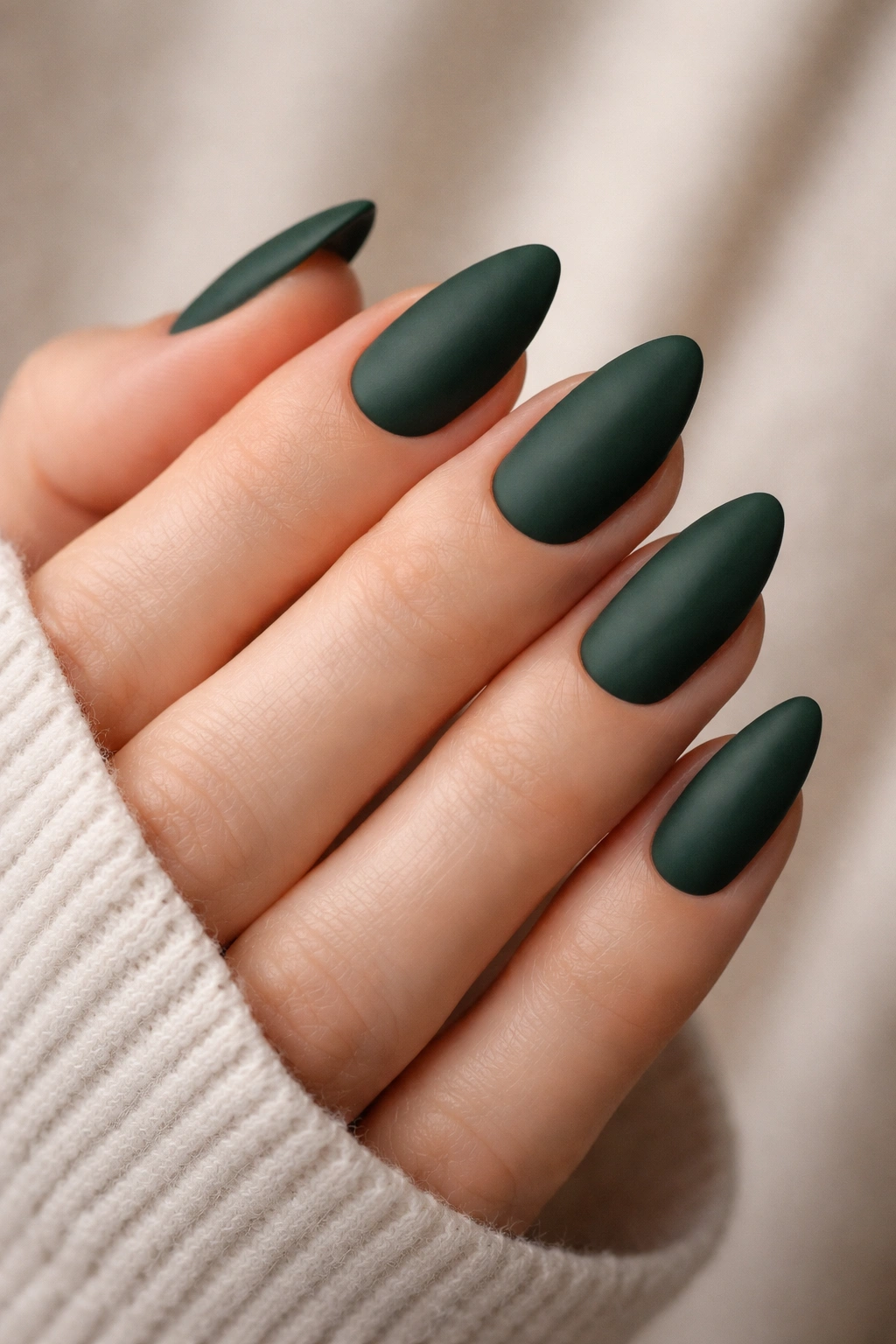 Close-up of matte forest green almond nails