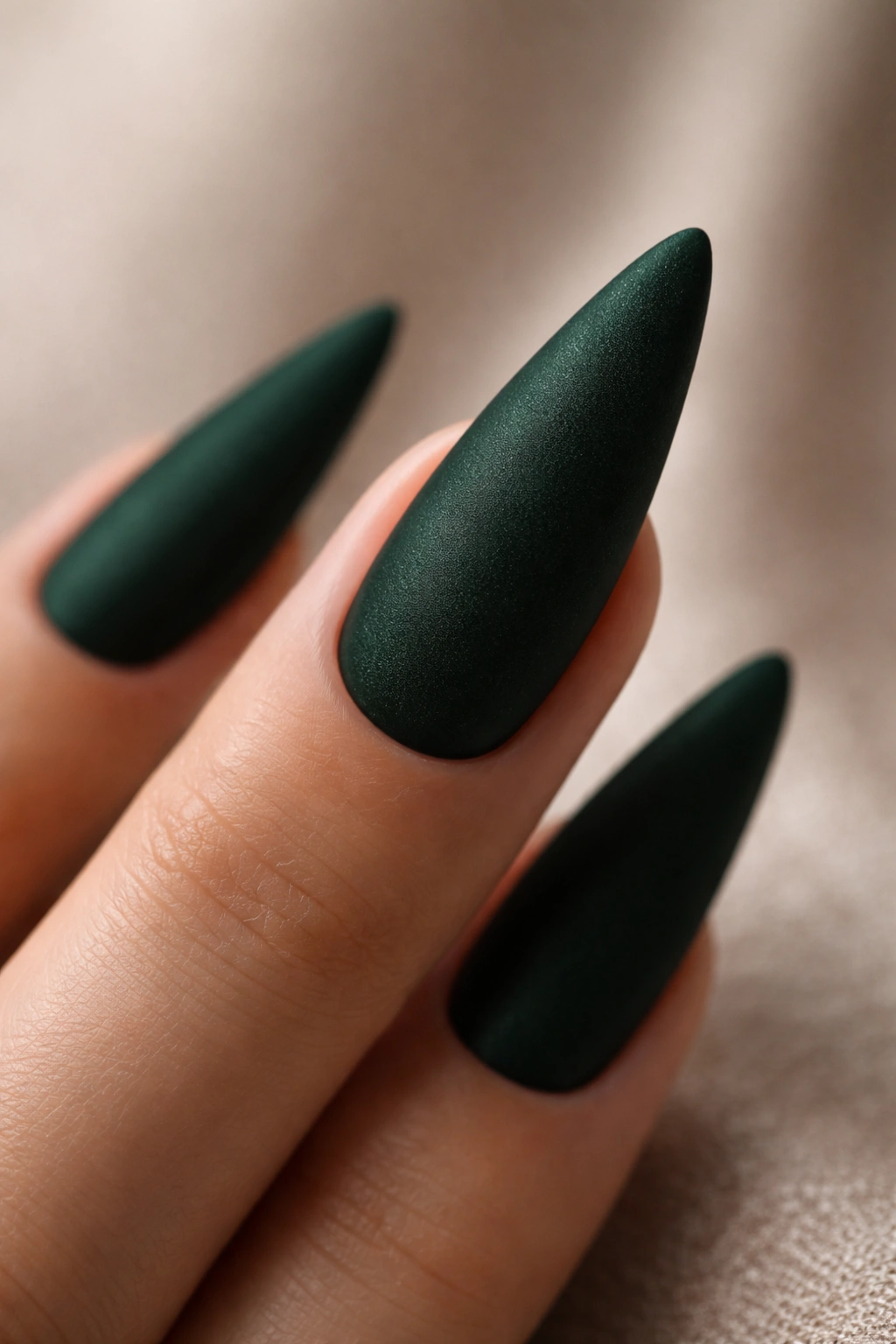 Close-up of dark green matte velvet nail texture