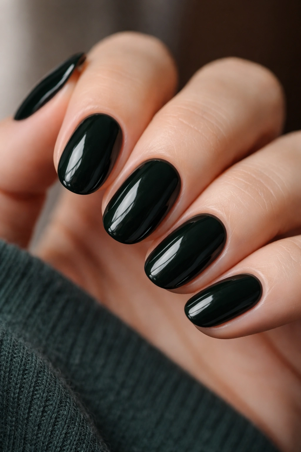 Dark green short oval nails with inky finish in studio lighting