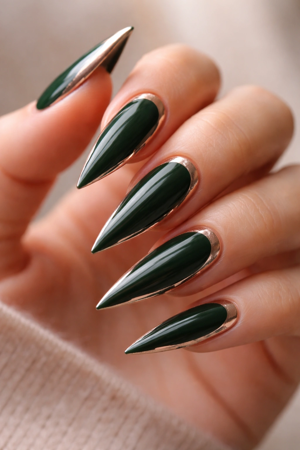 Dark green nails with nude foil transfer strips