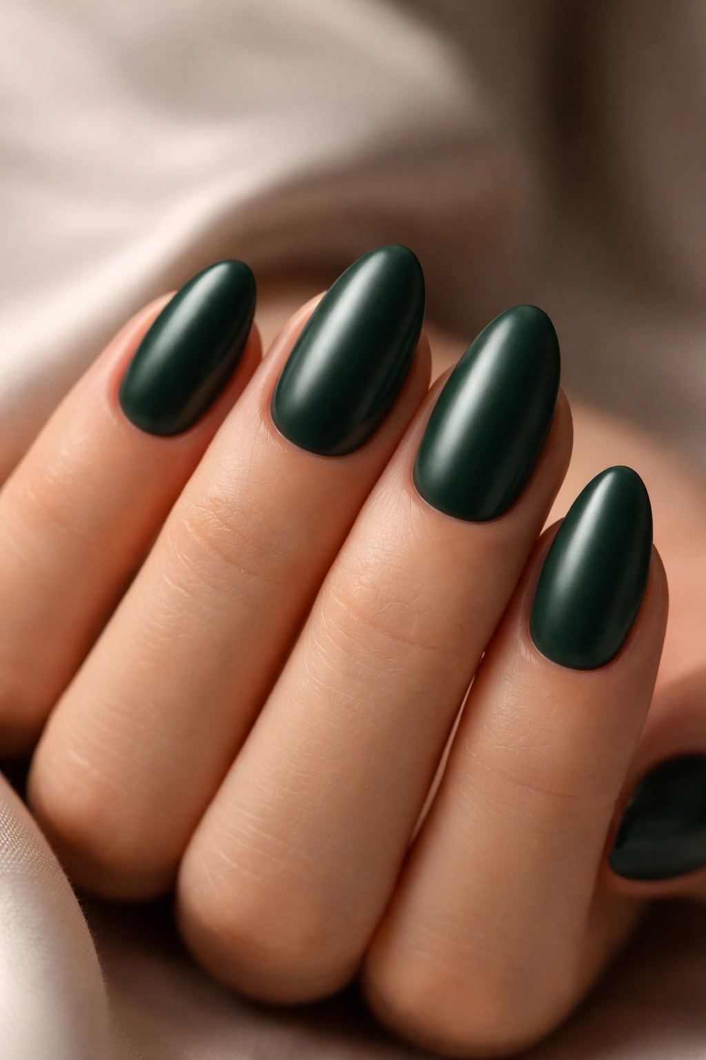 Close-up of dark green almond nails with satin sheen