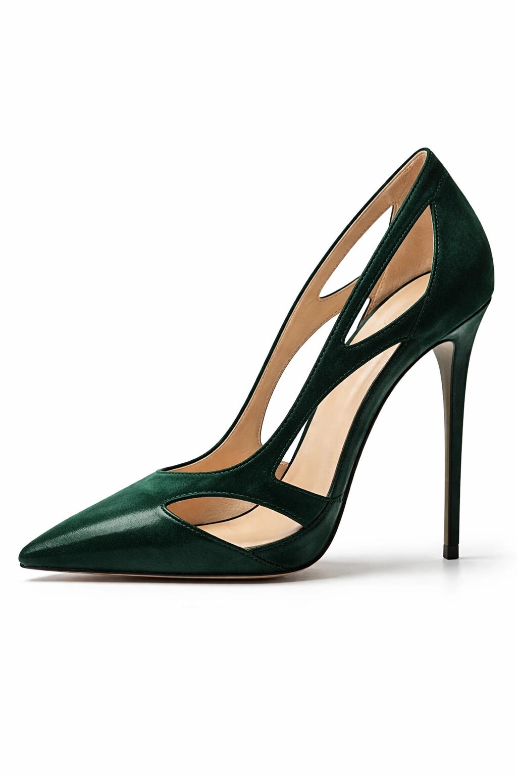 Close-up of dark green stiletto with negative-space cutouts on a white background