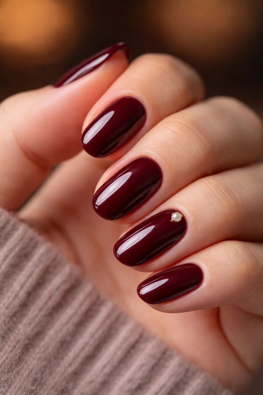 Close-up of dark maroon nails with a tiny pearl accent on short ovals