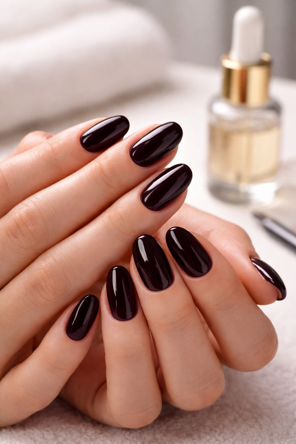 Close-up of hands with neat dark nails and cuticle oil in soft focus
