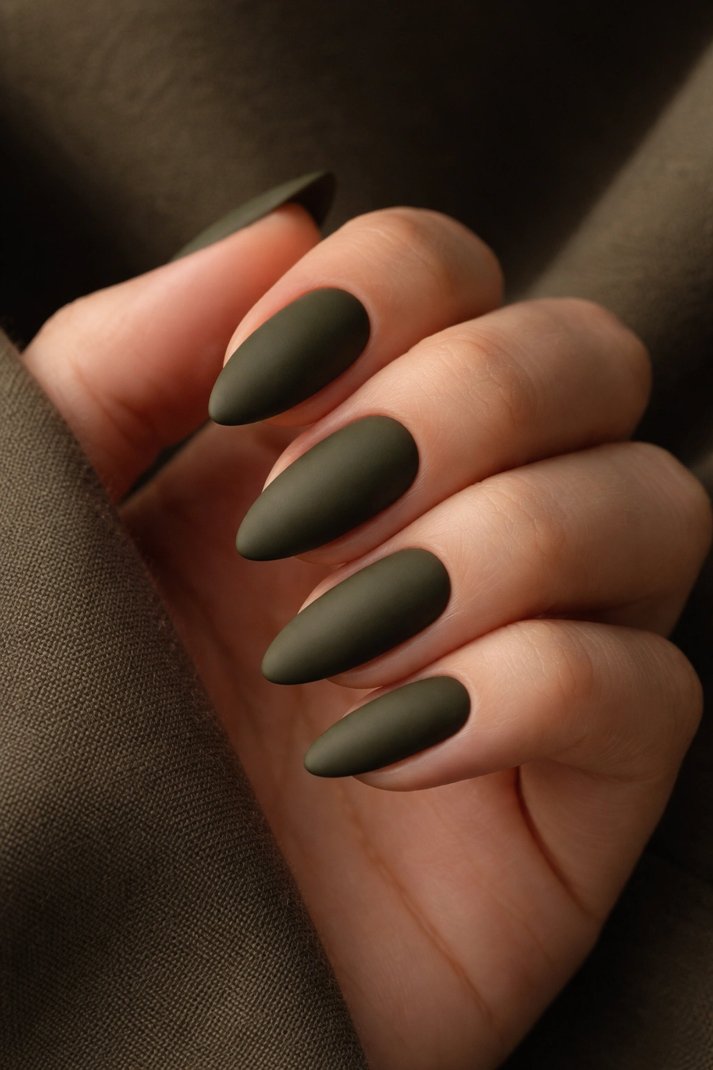 Close-up of short almond nails in dark olive green matte finish