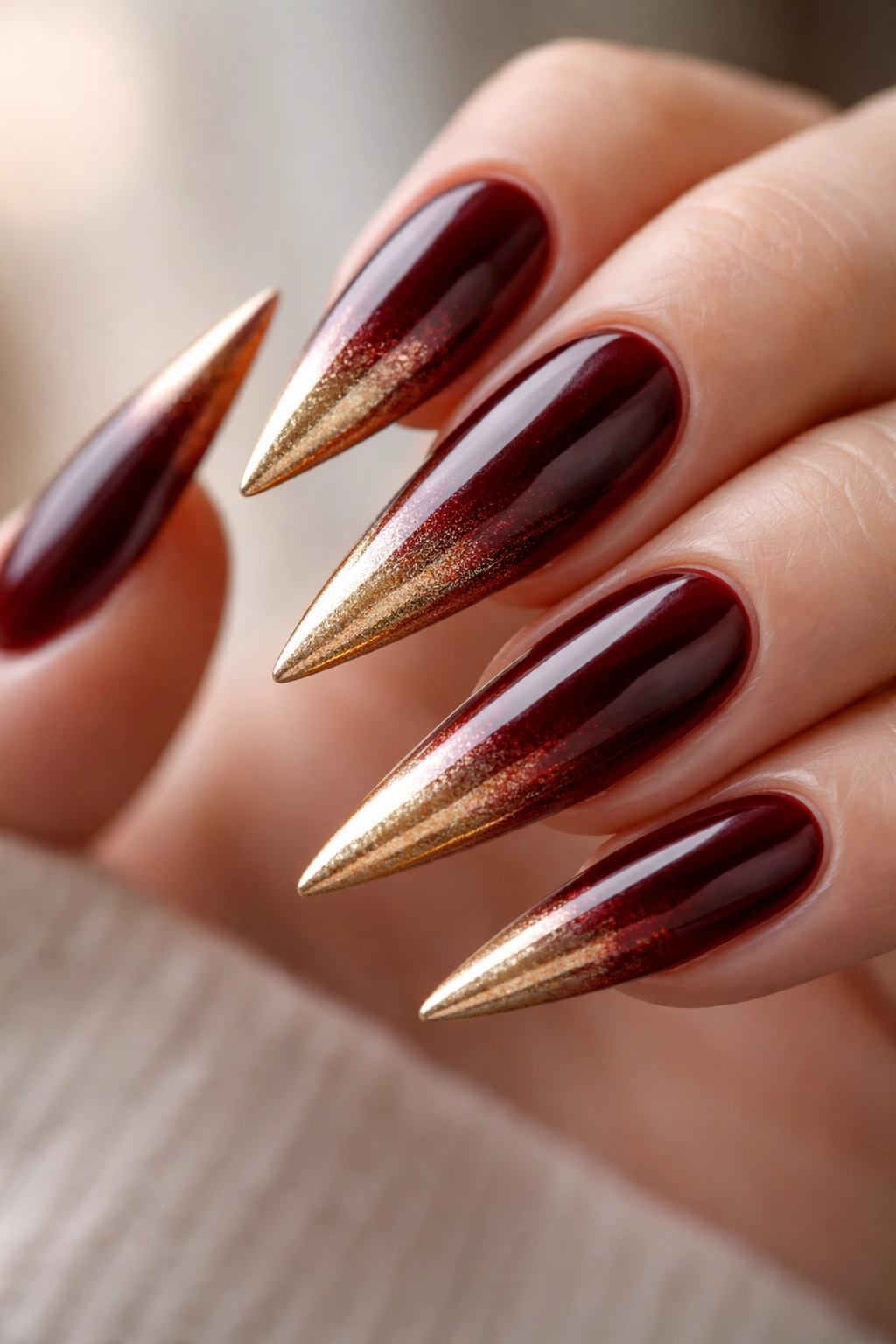 Close-up of dark red nails with a gold gradient French tip