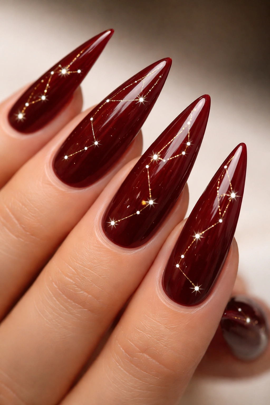 Close-up of dark red stiletto nails with constellation dot patterns.