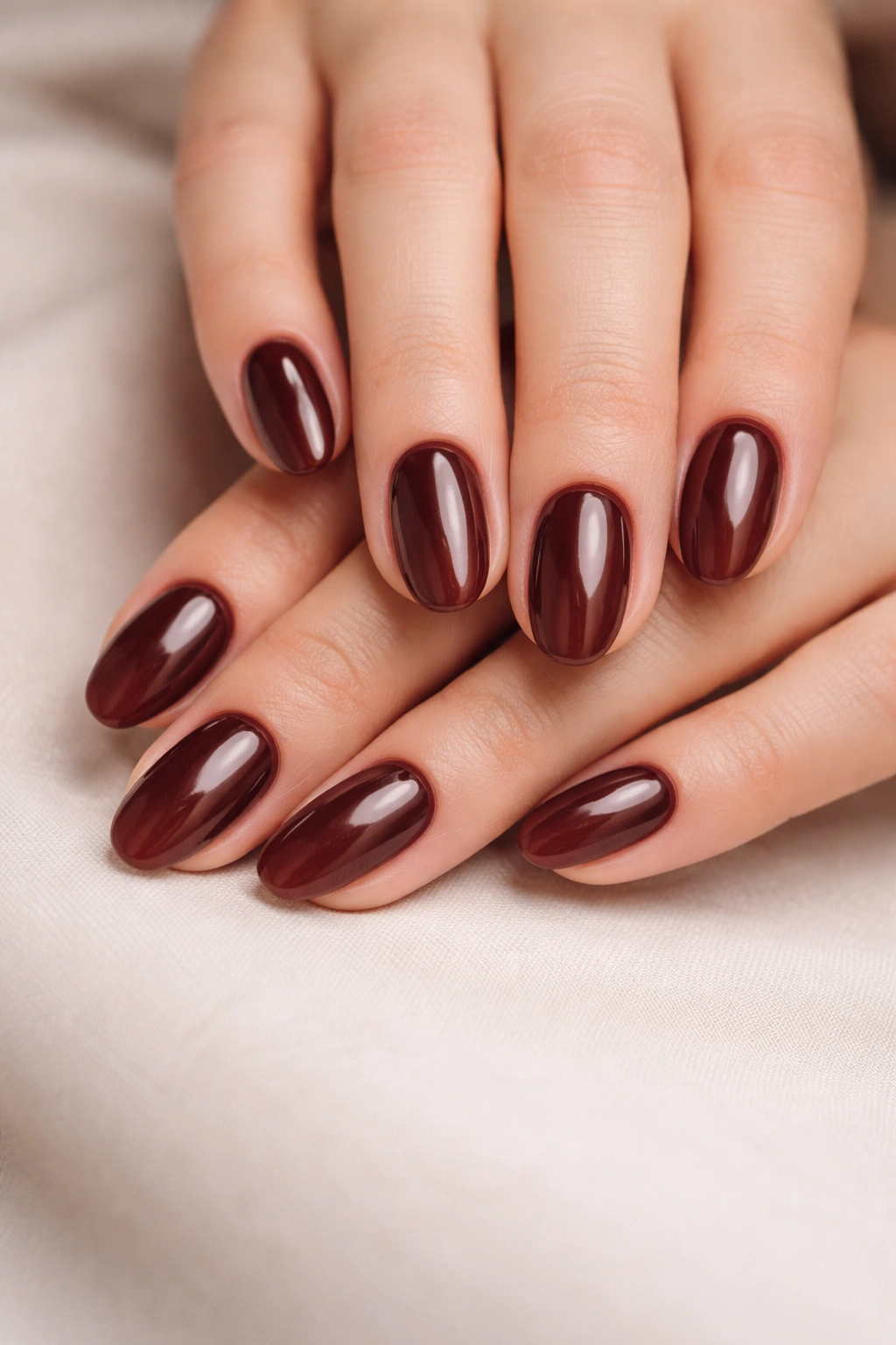 Close-up of dark rosewood nails on short almond shape