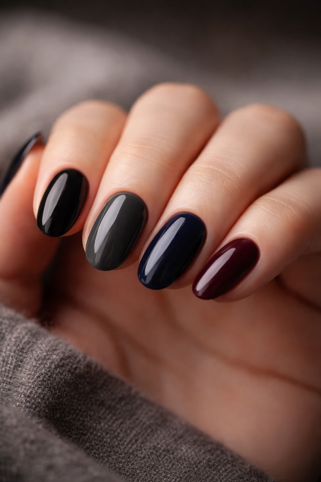 Close-up showing dark nail shades on short oval nails to illustrate contrast and undertones