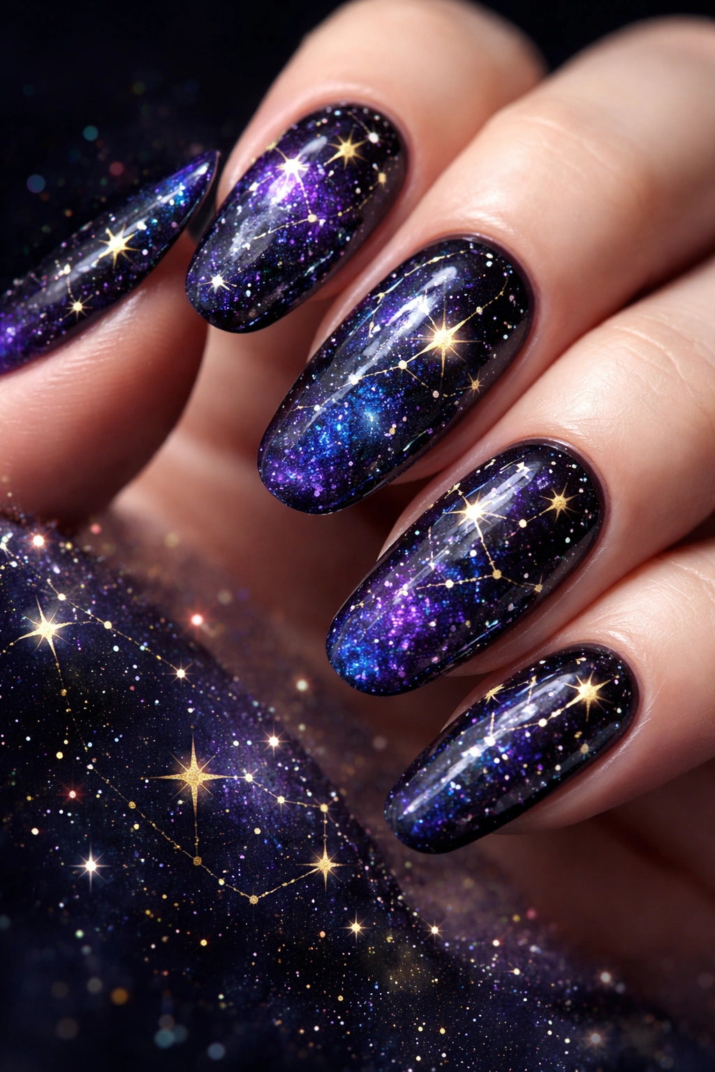 Nails with a dark galaxy-inspired starry night design and gold stars