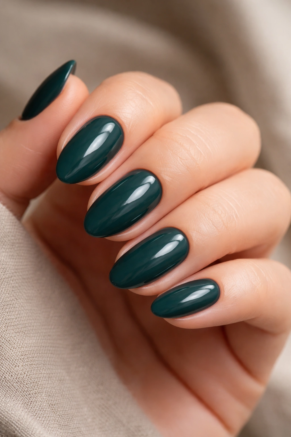 Close-up of short almond nails in dark teal-green shade