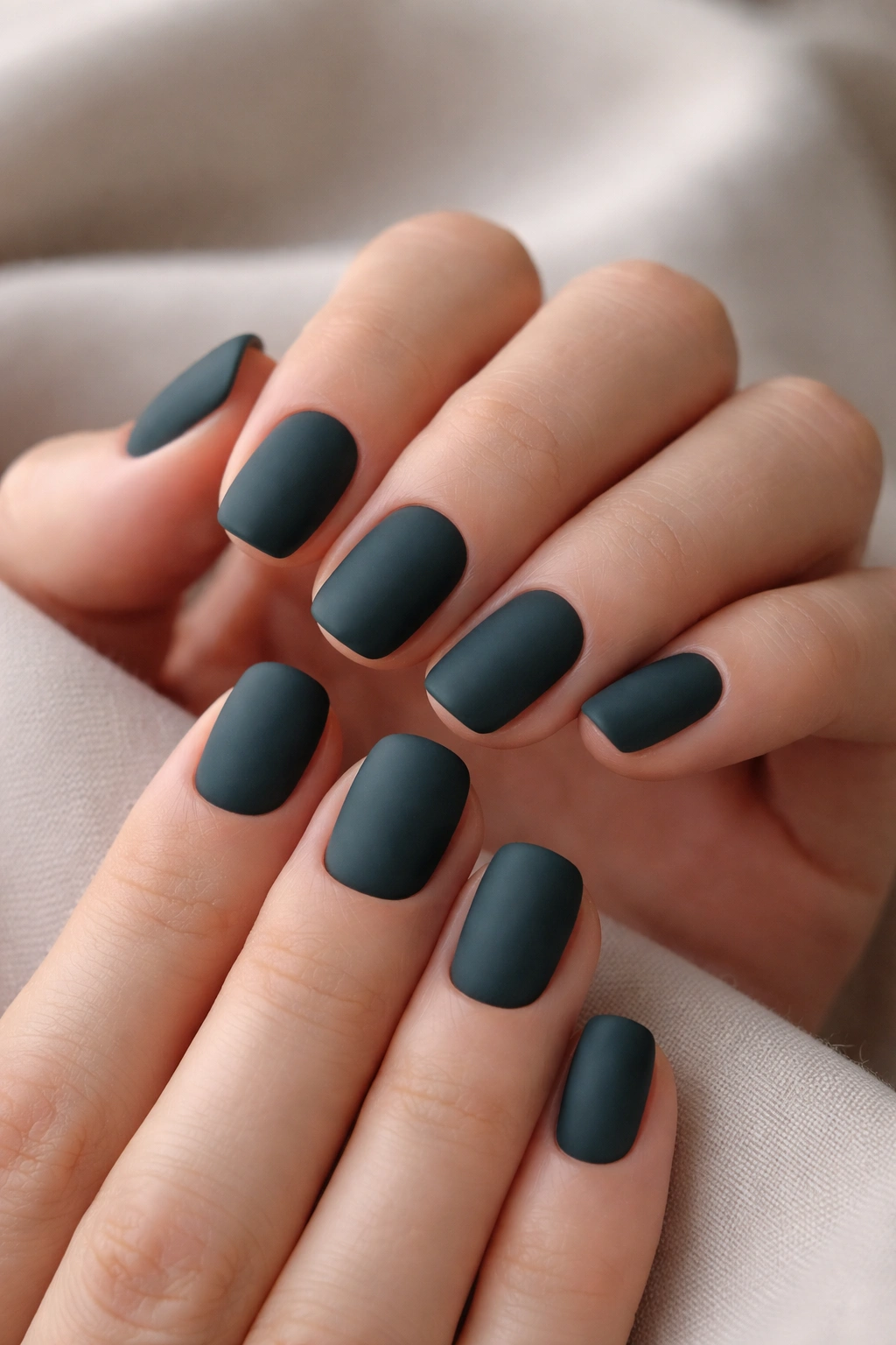 Close-up of dark teal squoval nails with matte texture