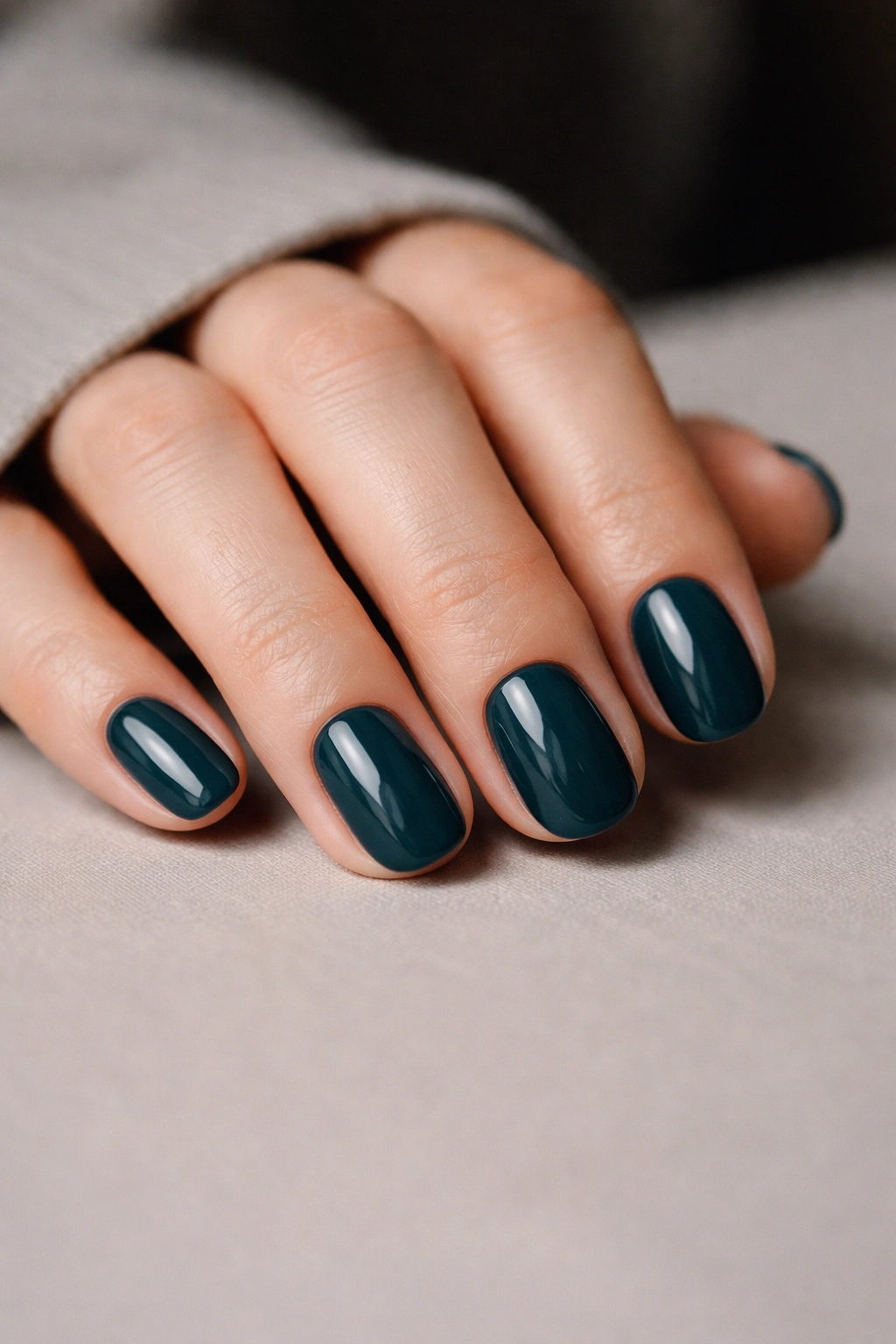 Close-up of short oval dark teal nails with glossy finish
