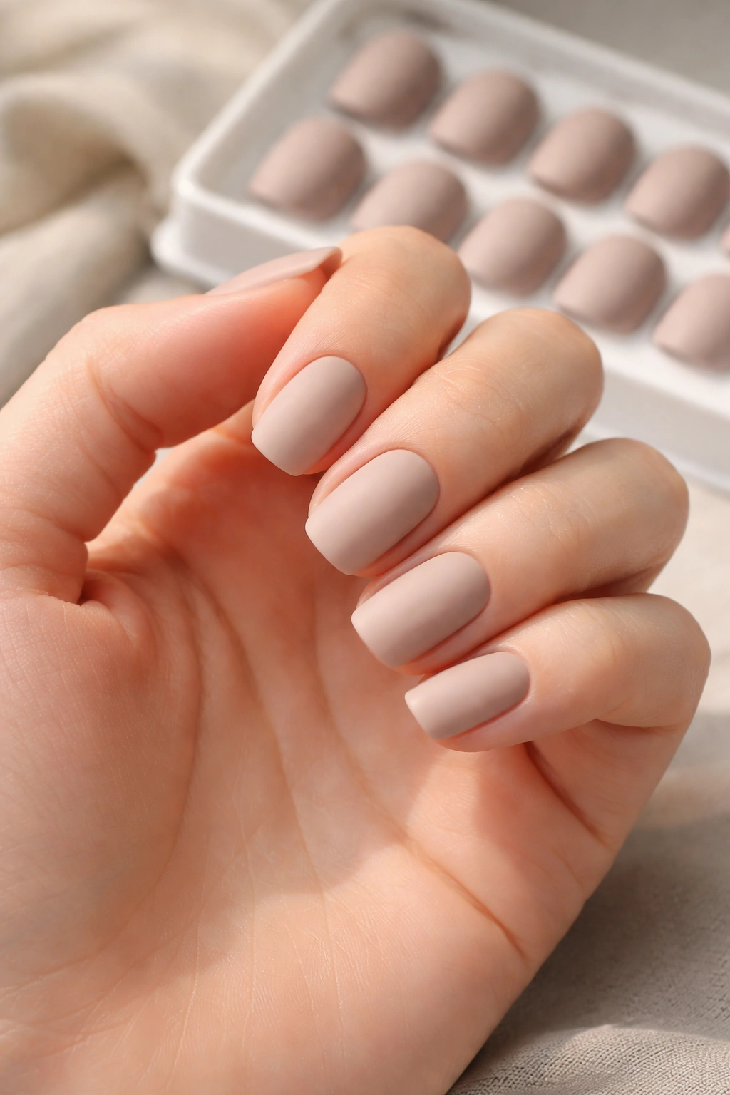 Close-up of neutral beige matte squoval nails on a hand
