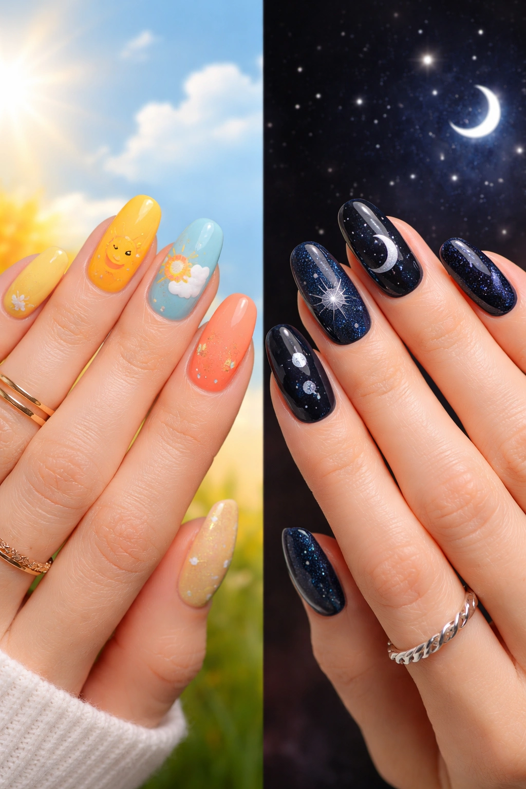 Two hands with day and night nail designs showing suns and stars in a split lighting setup