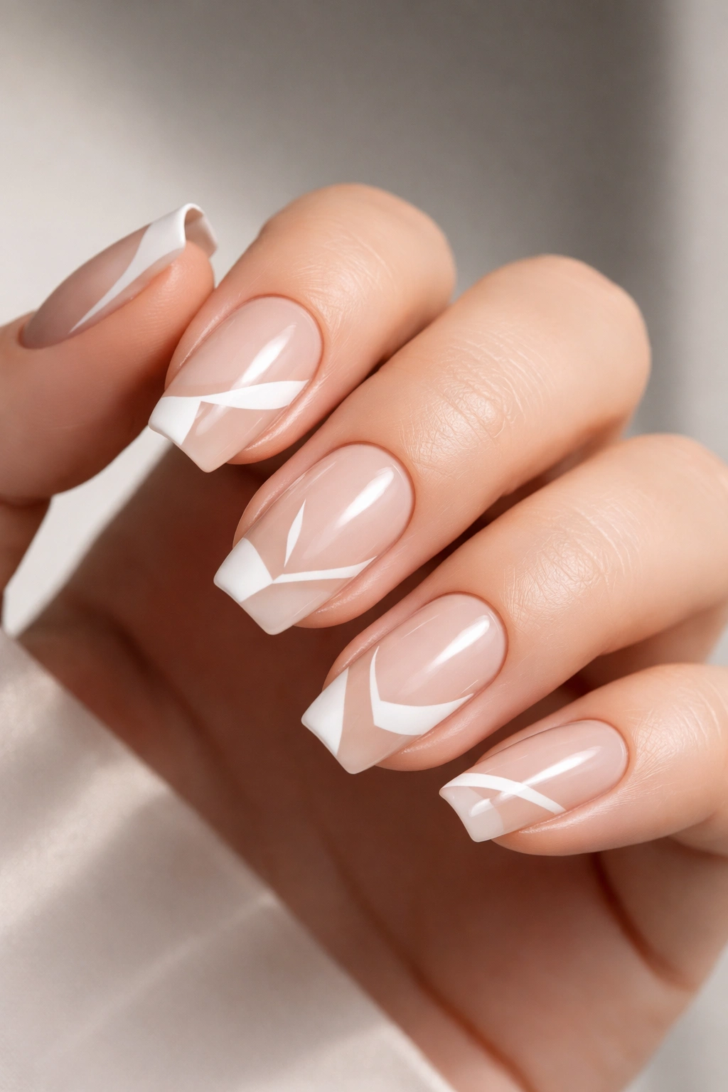 Close-up of hand with deconstructed French nails showing broken lines