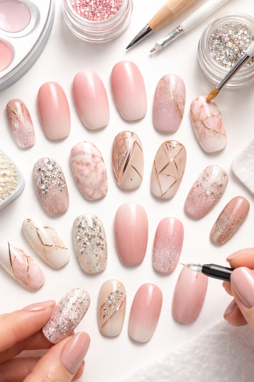 Decorated press-on nails with ombre and marble designs