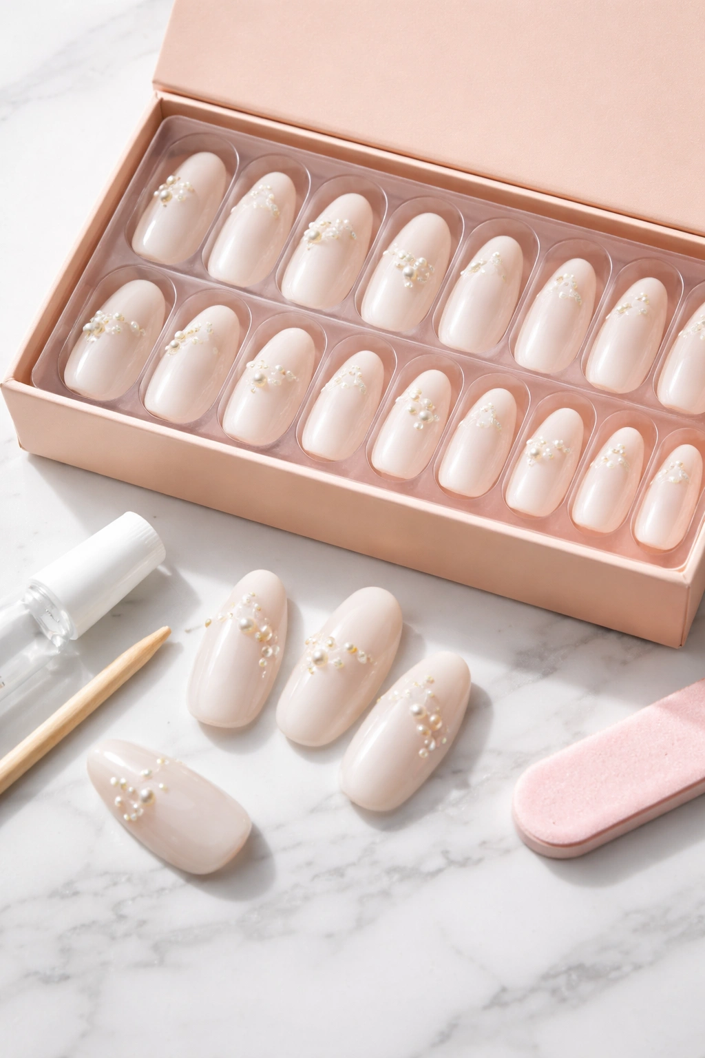 Elegant press-on nails with pearl accents on clean surface.