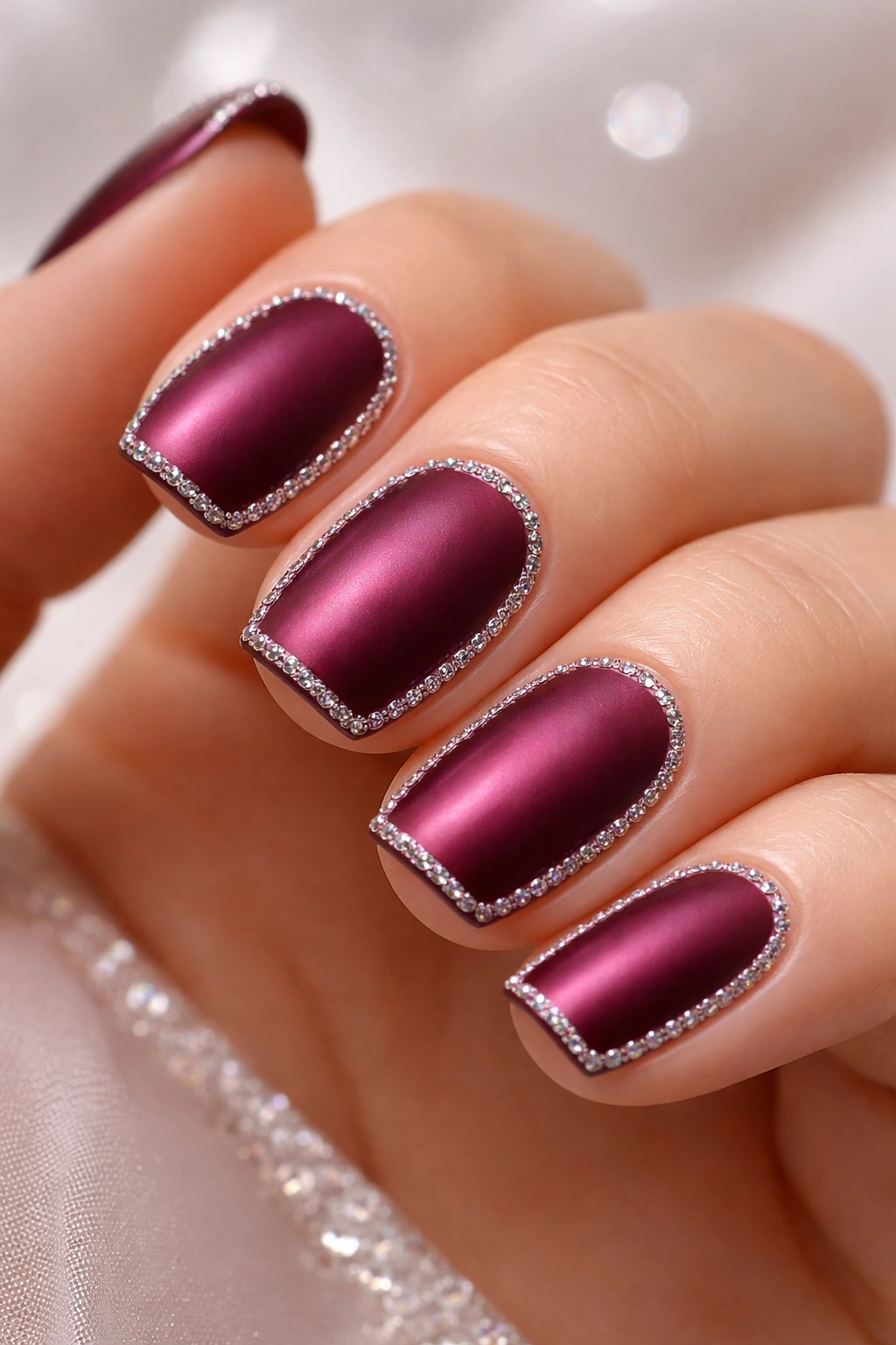 Close-up of short squoval nails in deep berry with rhinestone edge