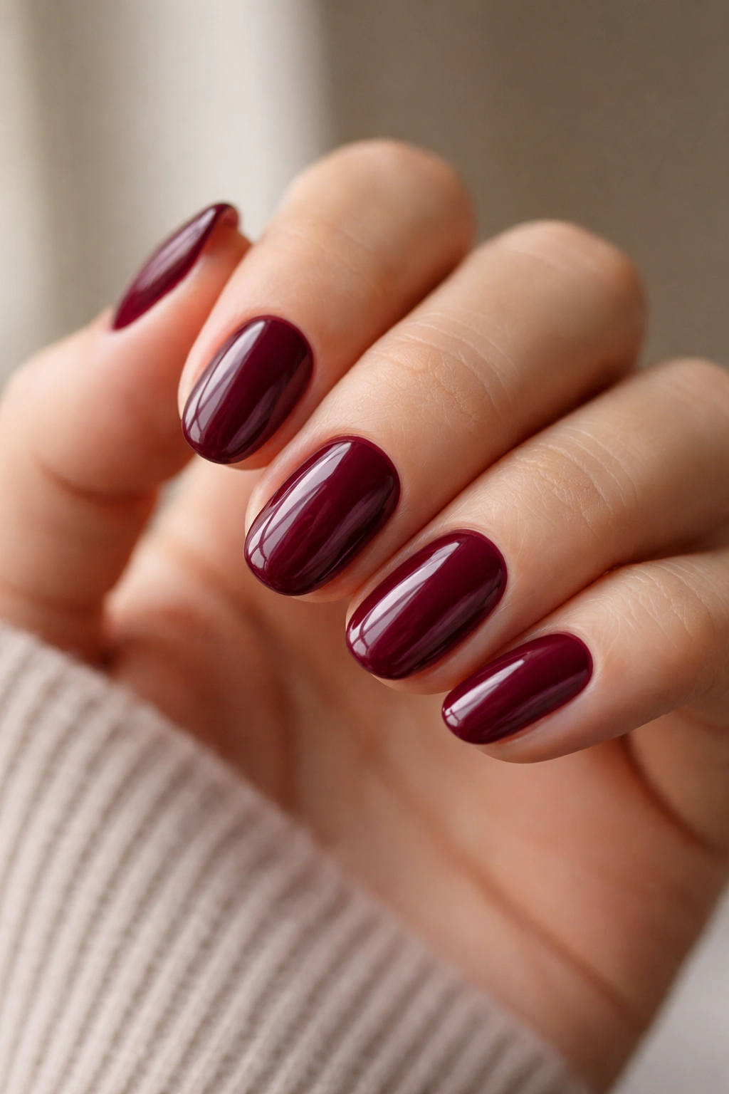 Close-up of a hand with short oval nails in deep berry glossy shade