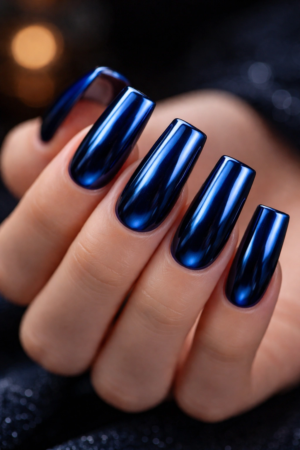 Close-up of deep blue metallic duck nails with chrome finish