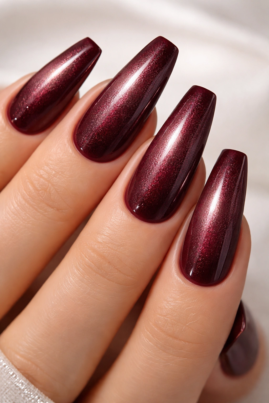Close-up of deep burgundy coffin nails with champagne shimmer overlay