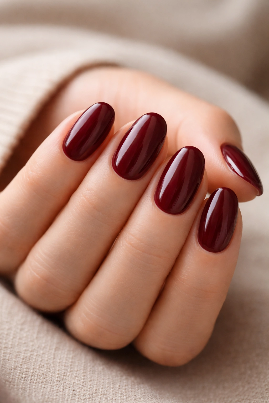Close-up of deep burgundy short oval nails with glossy finish
