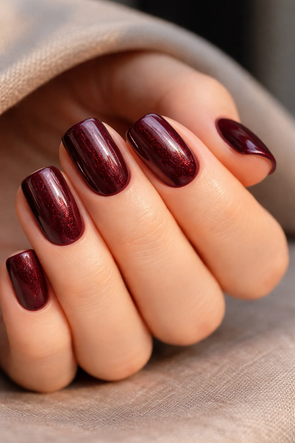 Close-up of short squoval nails in glossy burgundy with micro shimmer visible in light.