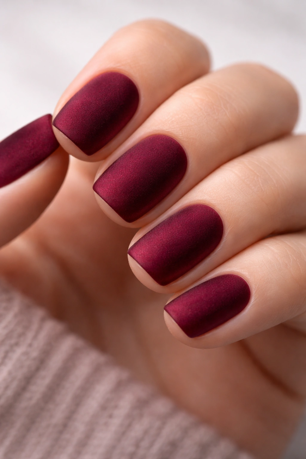 Close-up of deep burgundy velvet nails with matte finish