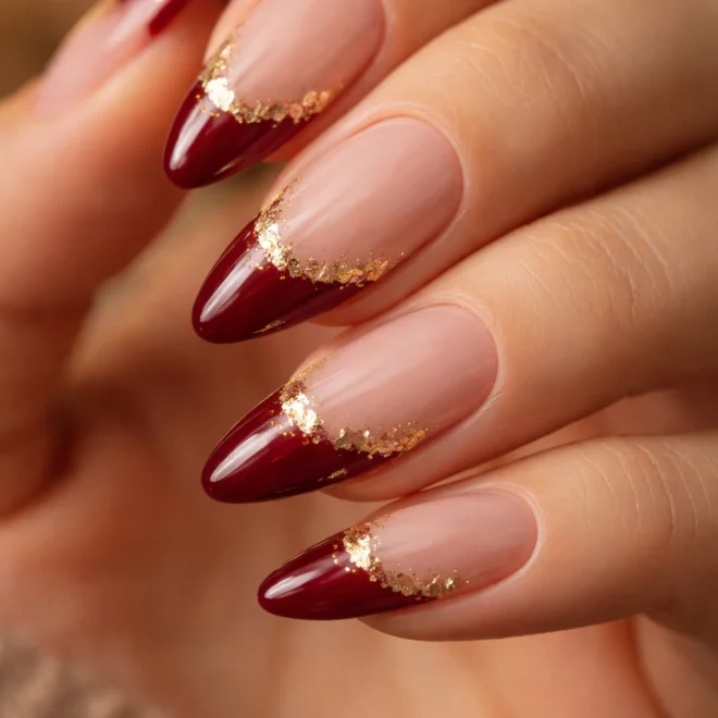 20 Red French Tip Almond Nails With Glitter Accents