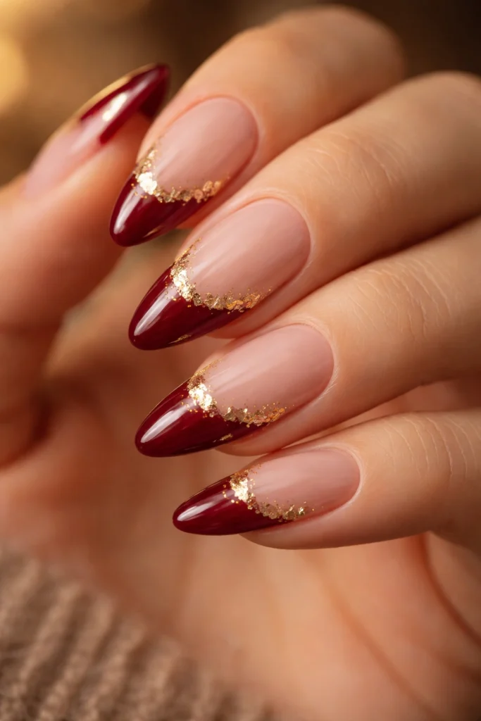 20 Red French Tip Almond Nails With Glitter Accents