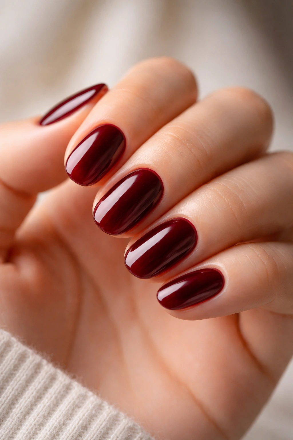Close-up of deep cherry short oval gel nails with glossy finish