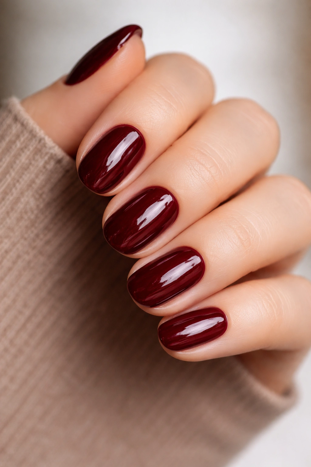 Close-up of deep cherry red short oval nails with glossy finish