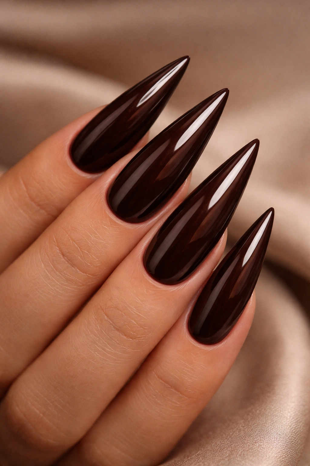 Close-up of deep chocolate brown glossy stiletto nails