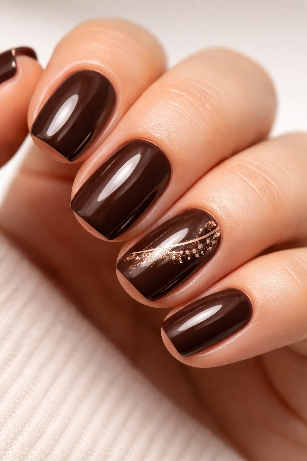 Close-up of deep chocolate nails with rose gold accents
