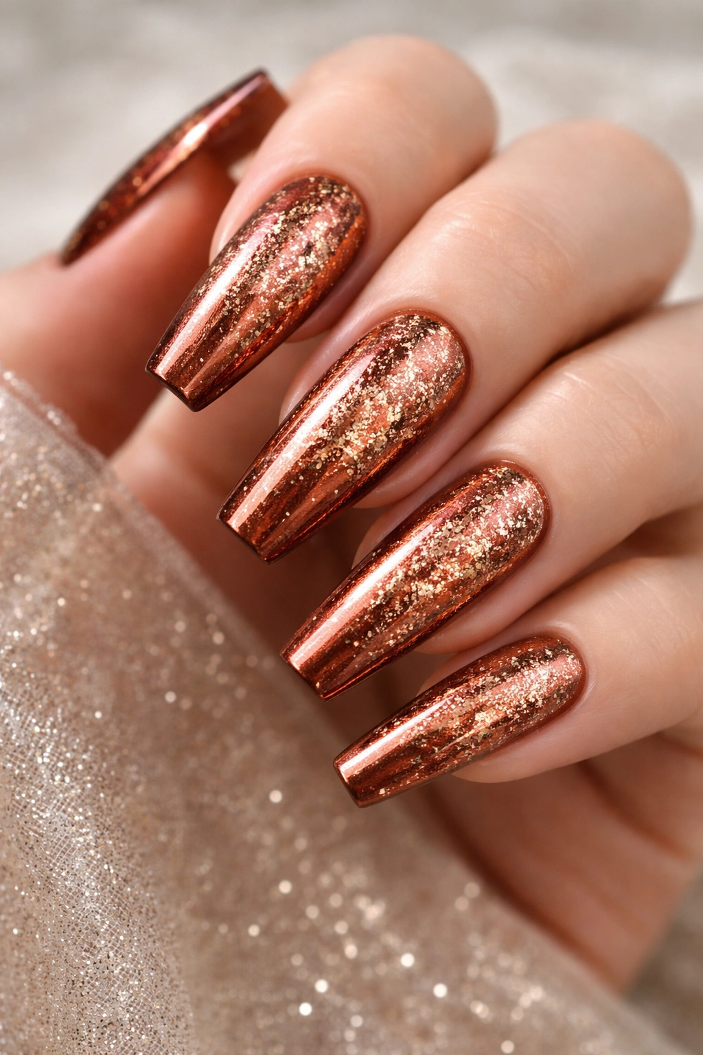 Close-up of coffin nails in deep copper with champagne foil dust sparkle.