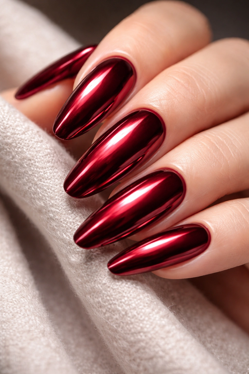 Close-up of deep crimson chrome nails with ultra-glossy finish
