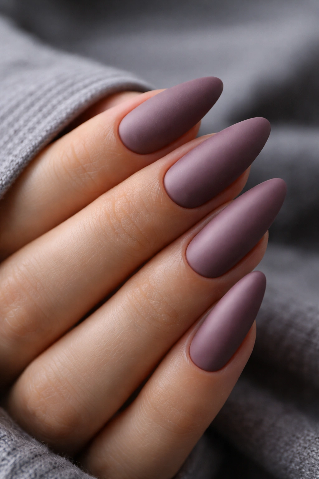 Deep dusty mauve almond nails with matte satin finish
