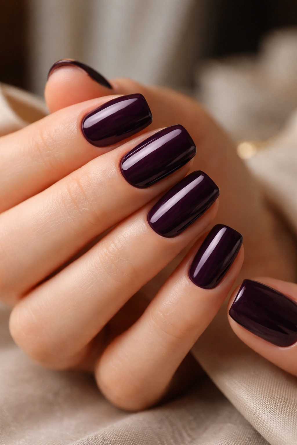 Close-up of deep eggplant squoval nails with glossy finish