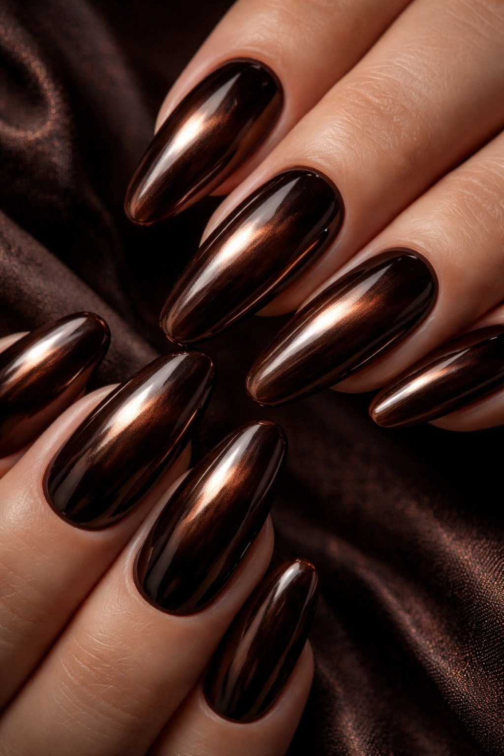 Close-up of deep espresso brown chrome nails with smoky reflection