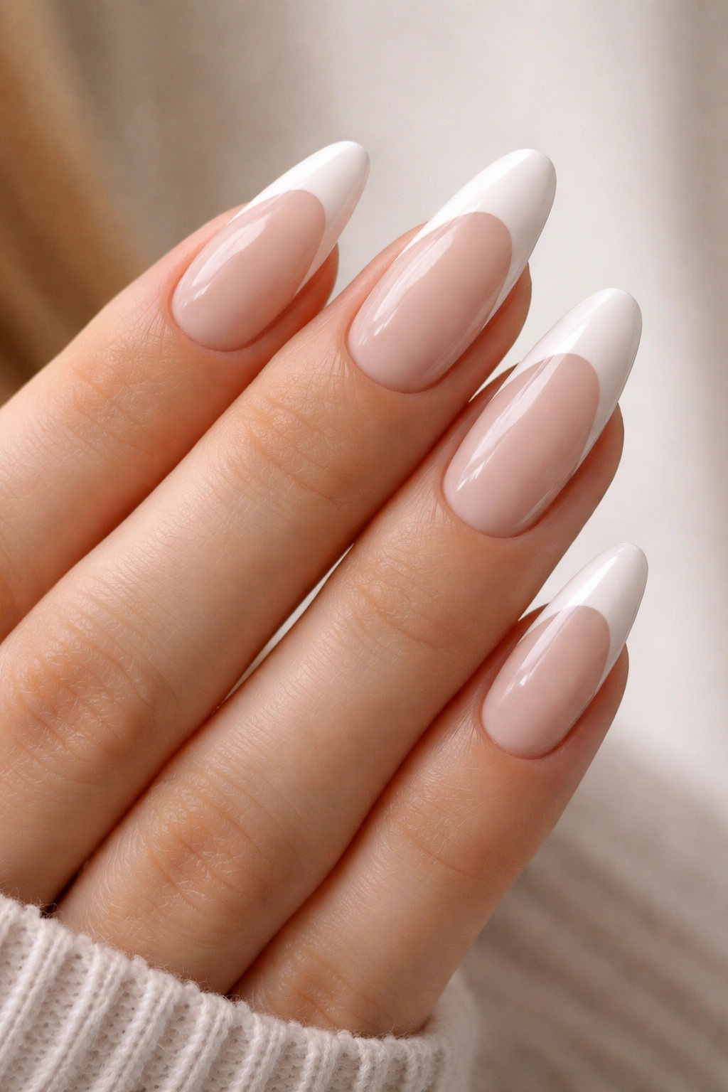 Close-up of deep French tips on long oval nails with bold white tips