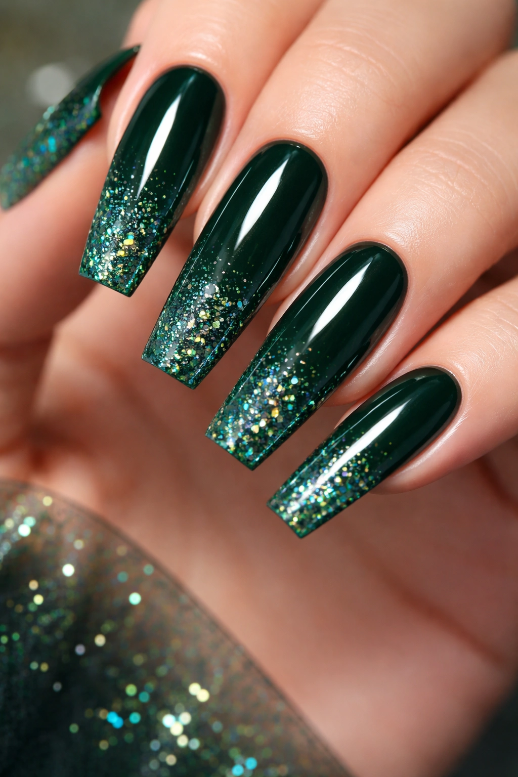 Close-up of deep green coffin nails with holographic flecks gradient