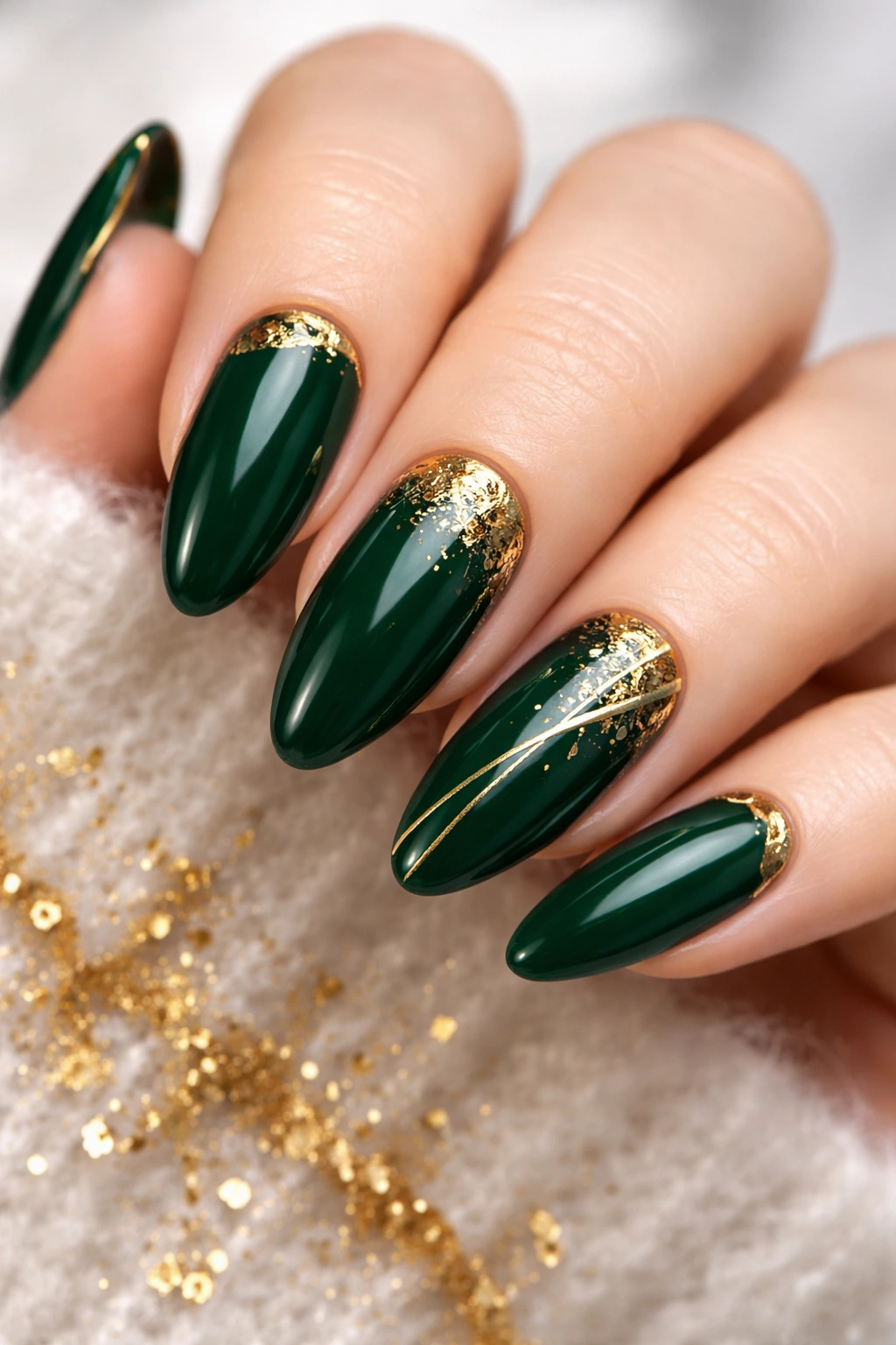 Close-up of forest green nails with gold accents