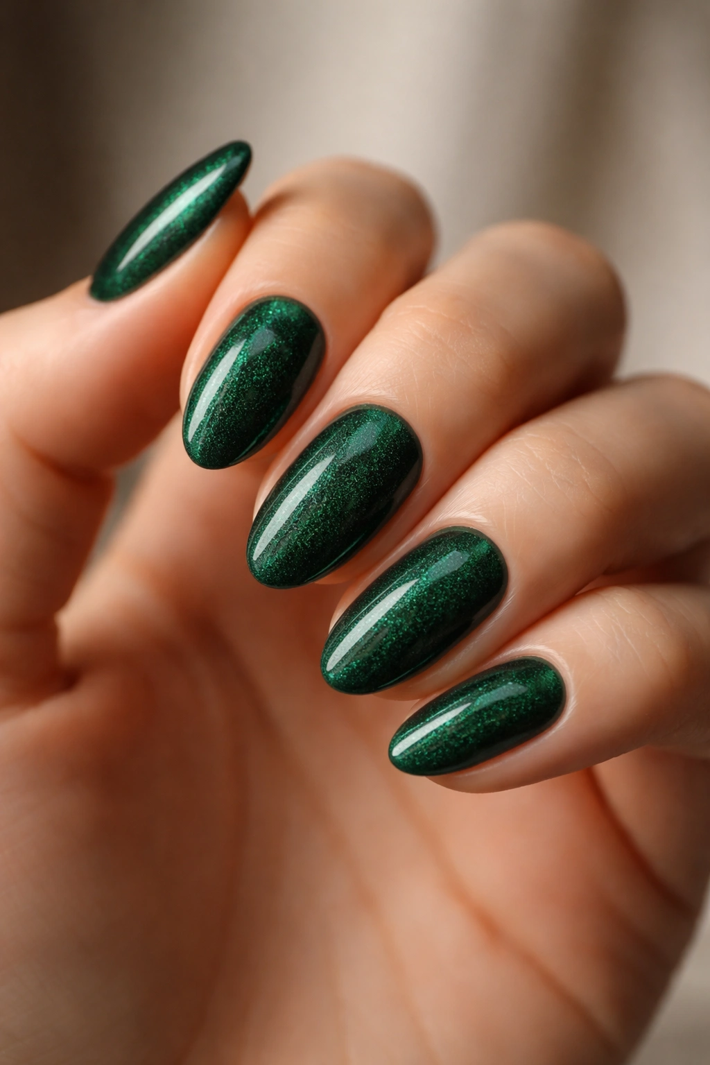 Close-up of deep green velvet nails on short almond nails